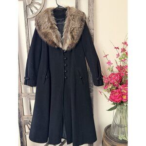 Vintage Jules Miller 💯 Percent Wool Black Trench Coat Fur Collar Union Made USA